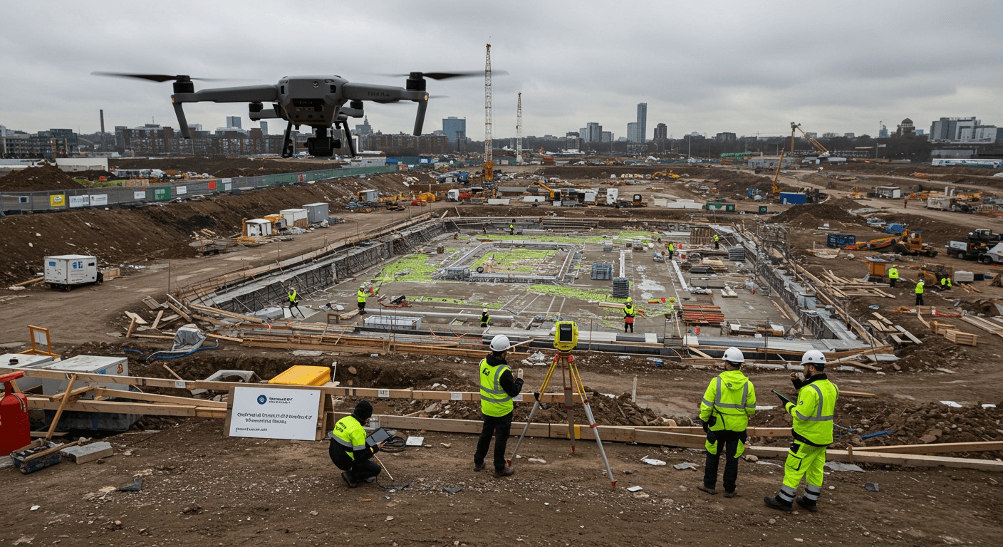Drone topographique et station totale sur chantier de construction à Abidjan